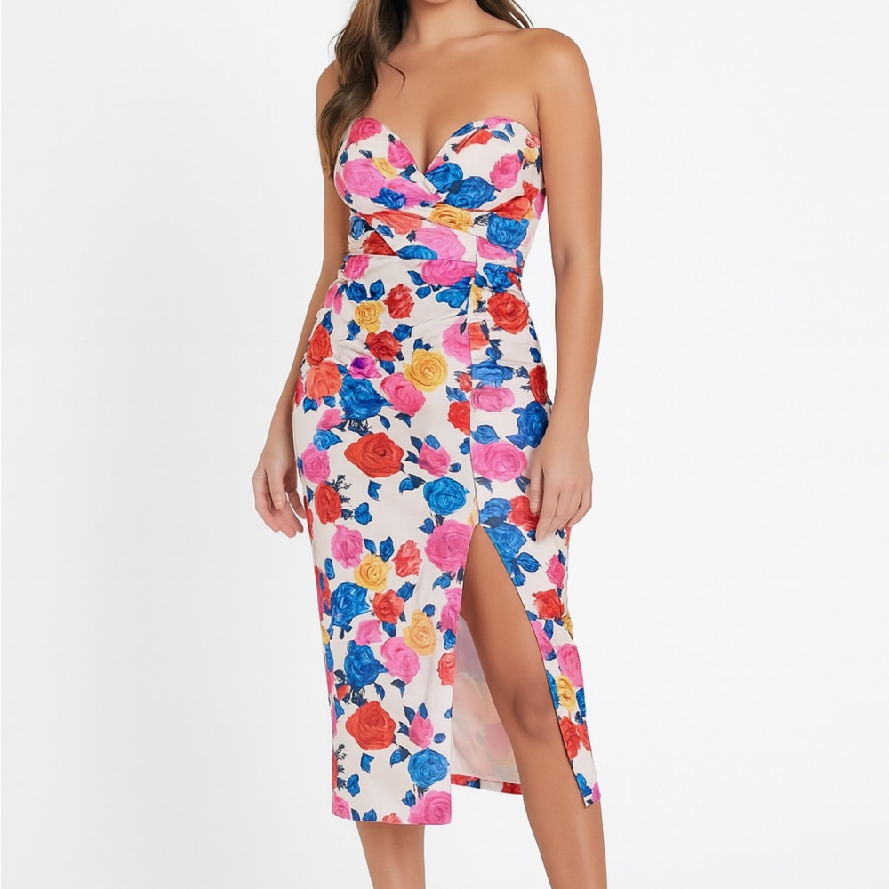 Strapless Floral Midi Dress in Multicolor
